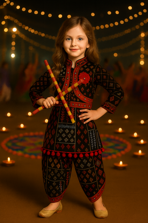 Premium Black Traditional Patiala Suit for Baby Girls | Ethnic Printed Kurti with Pom-Pom Design | Stylish Kids Party Wear 2025
