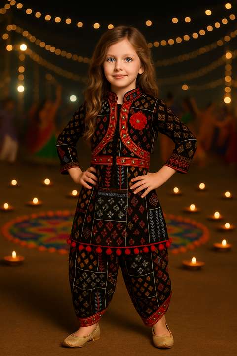 Premium Black Traditional Patiala Suit for Baby Girls | Ethnic Printed Kurti with Pom-Pom Design | Stylish Kids Party Wear 2025