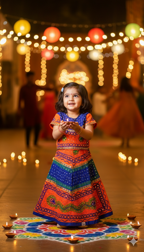 Girls Festive Garba Twirl Dress (Orange & Blue)
