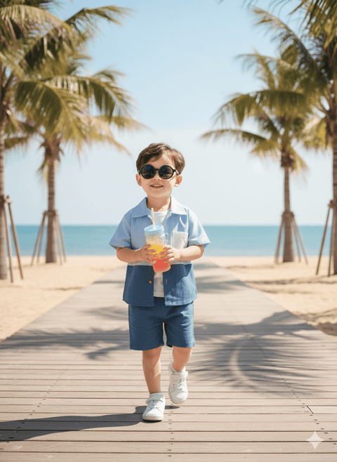 Trendy Korean Blue Shirt & Shorts Set for Boys | Color-Block Casual Outfit with White Pocket | Stylish Kids Wear 2025