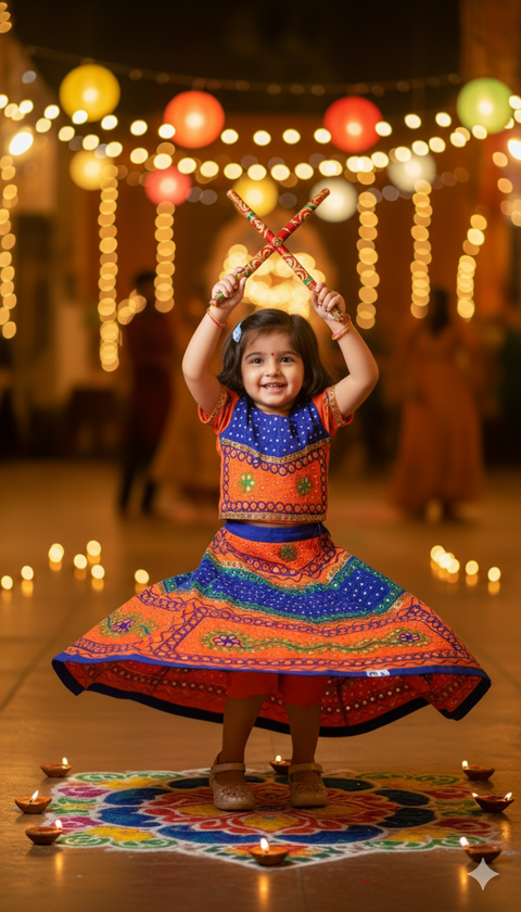 Girls Festive Garba Twirl Dress (Orange & Blue)
